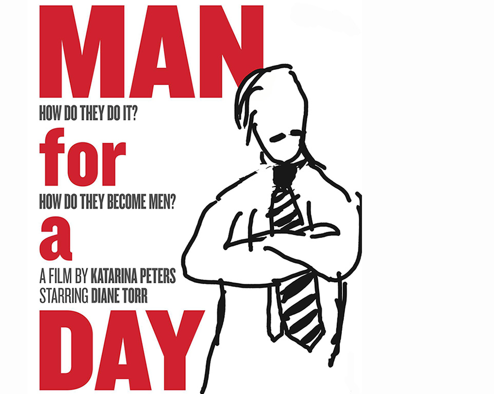  Film poster - Illustration of man with tie, shirt, arms crossed in front of the body, around it the title Man for a Day and further information about the film.